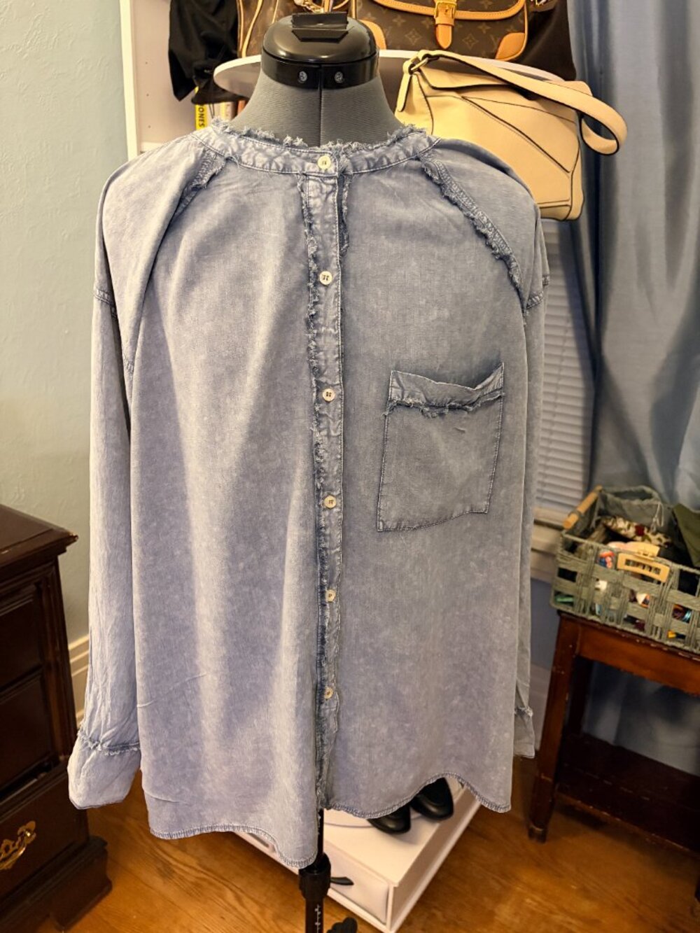 Easel Los Angeles Grey Blue Washed Tunic Top L Raw Edge Boho Lagenlook Coastal